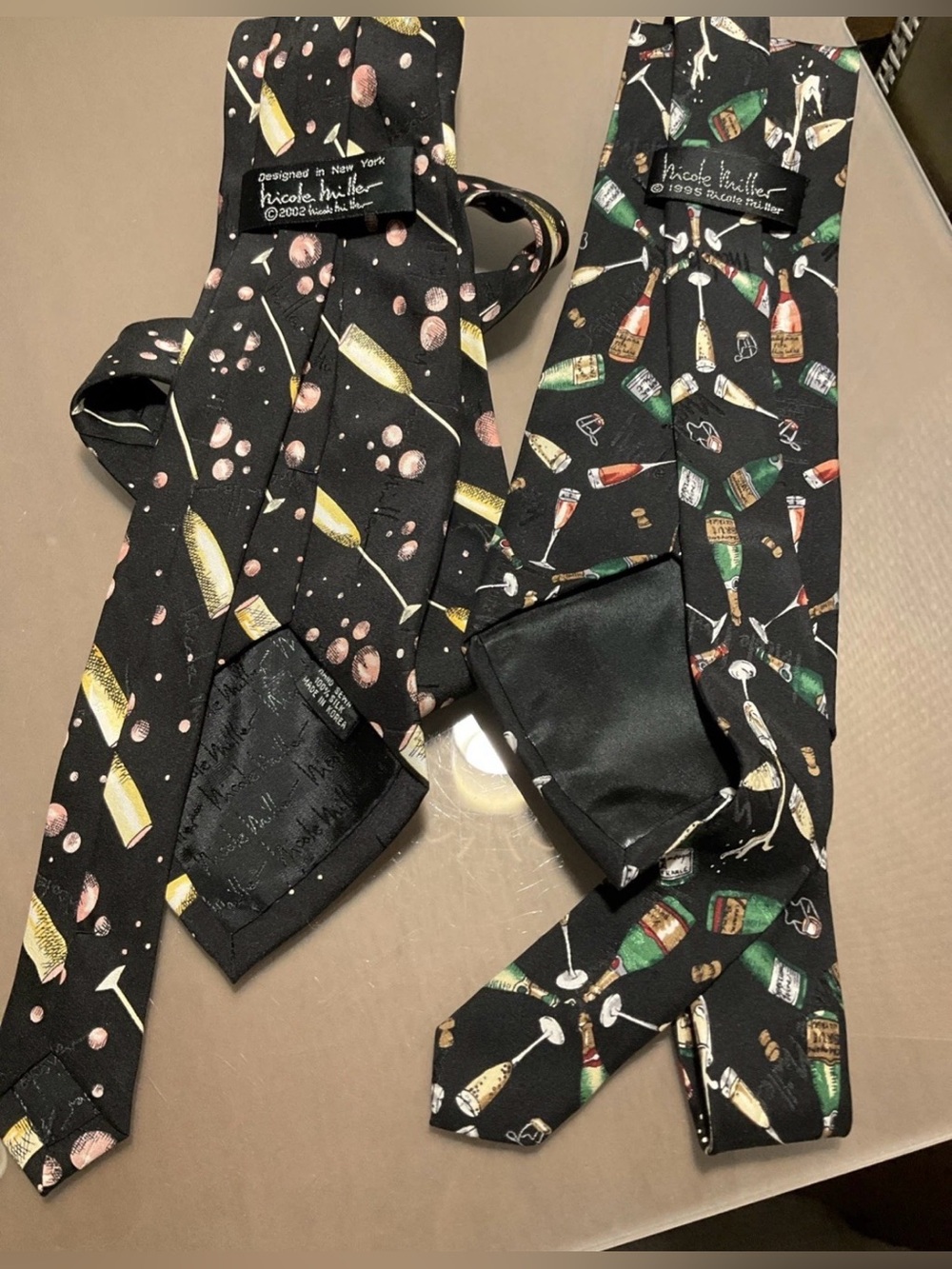 2 Nicole Miller D Hand Sewn 100% Silk Ties Bubbly Champagne Bartender Fest